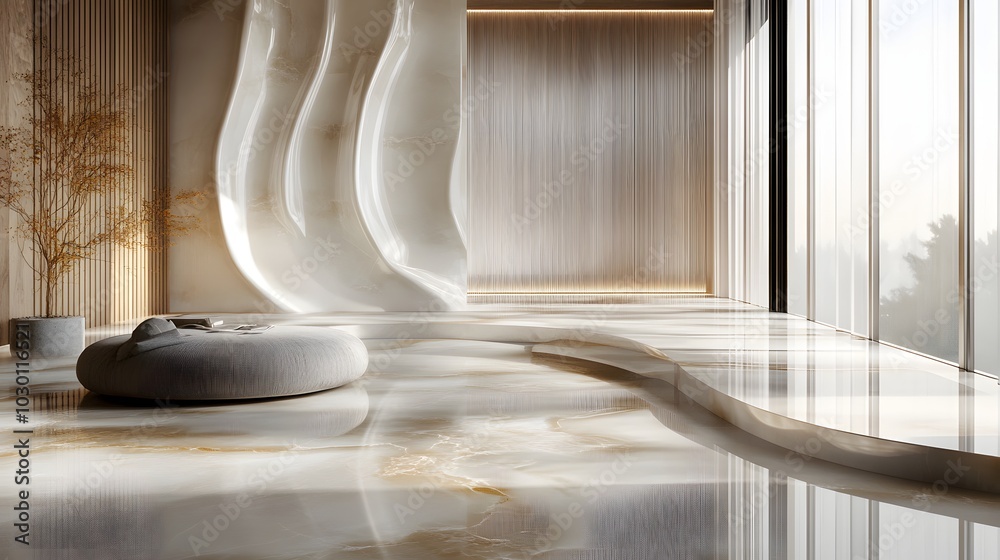 9. **A spacious void with delicate, flowing lines that create a harmonious backdrop for the product. 9. **A spacious void with delicate, flowing lines that create a harmonious backdrop for the product.