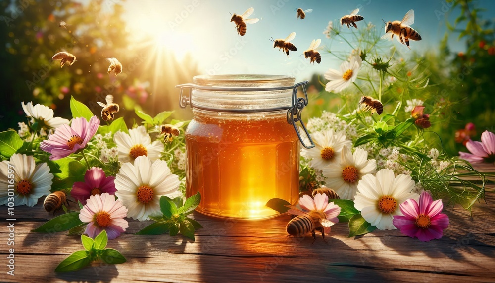 A vibrant nature featuring a glass jar filled with honey placed on a wooden table background. Generated With Ai A vibrant nature featuring a glass jar filled with honey placed on a wooden table background. Generated With Ai