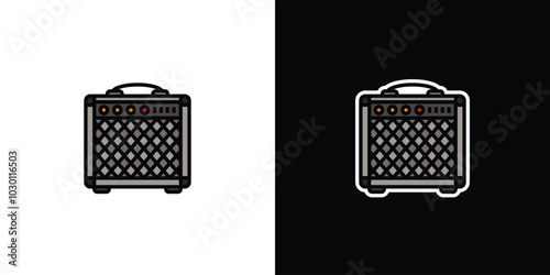 Guitar combo amplifier on white and black background. Original vector illustration in vintage style.