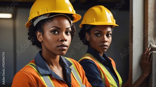 Two young female engineers wearing hard hats and safety vests posing on construction site