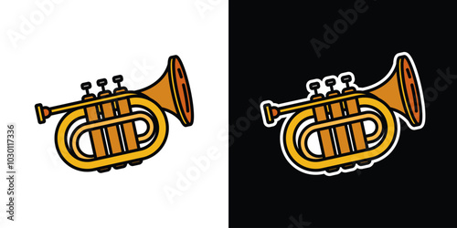 Wind musical instrument on white and black background. Original vector illustration in vintage style.