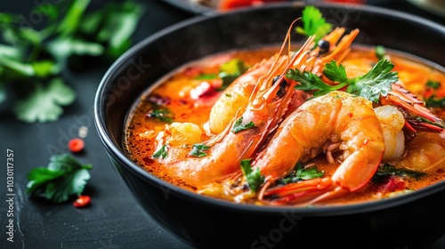 Juicy Shrimp Soup in Black Bowl with Fresh Herbs