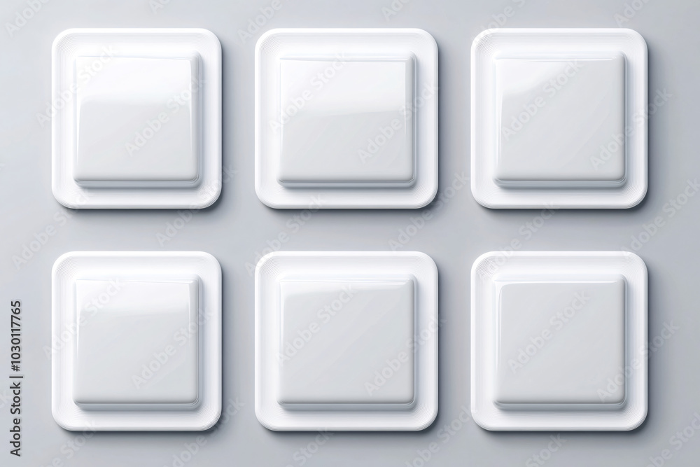 Six glossy square buttons with rounded edges arranged in a neat grid pattern on a light surface creating a sleek design
Six glossy square buttons with rounded edges arranged in a neat grid pattern on a light surface creating a sleek design