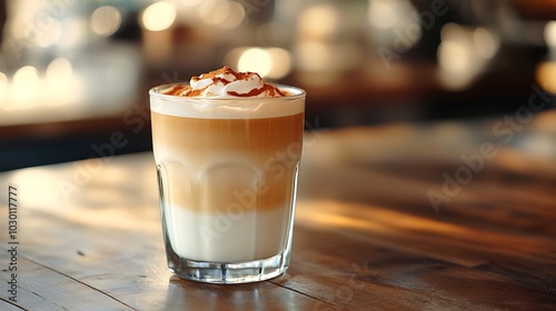 Iced latte with whipped cream and cinnamon on wooden table in cafe.