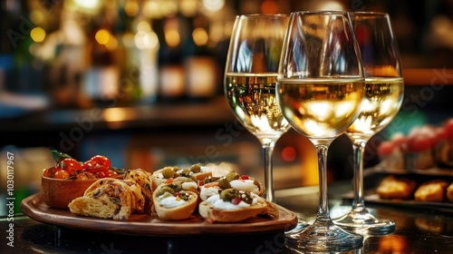 Delicious Cicchetti Snacks and Wine Glasses