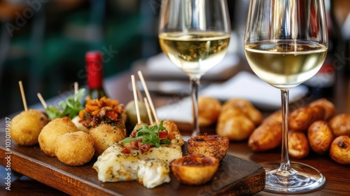 Delicious Cicchetti Snacks Platter with Wine Glasses