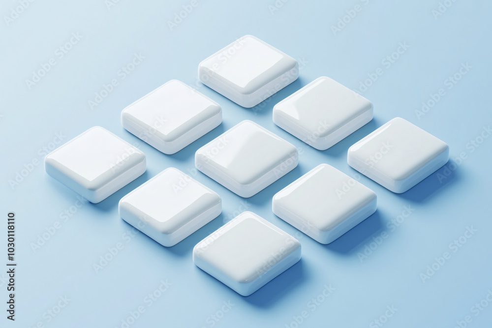 Nine glossy white square buttons arranged in a diamond pattern on a soft blue surface creating a simple modern aesthetic  
