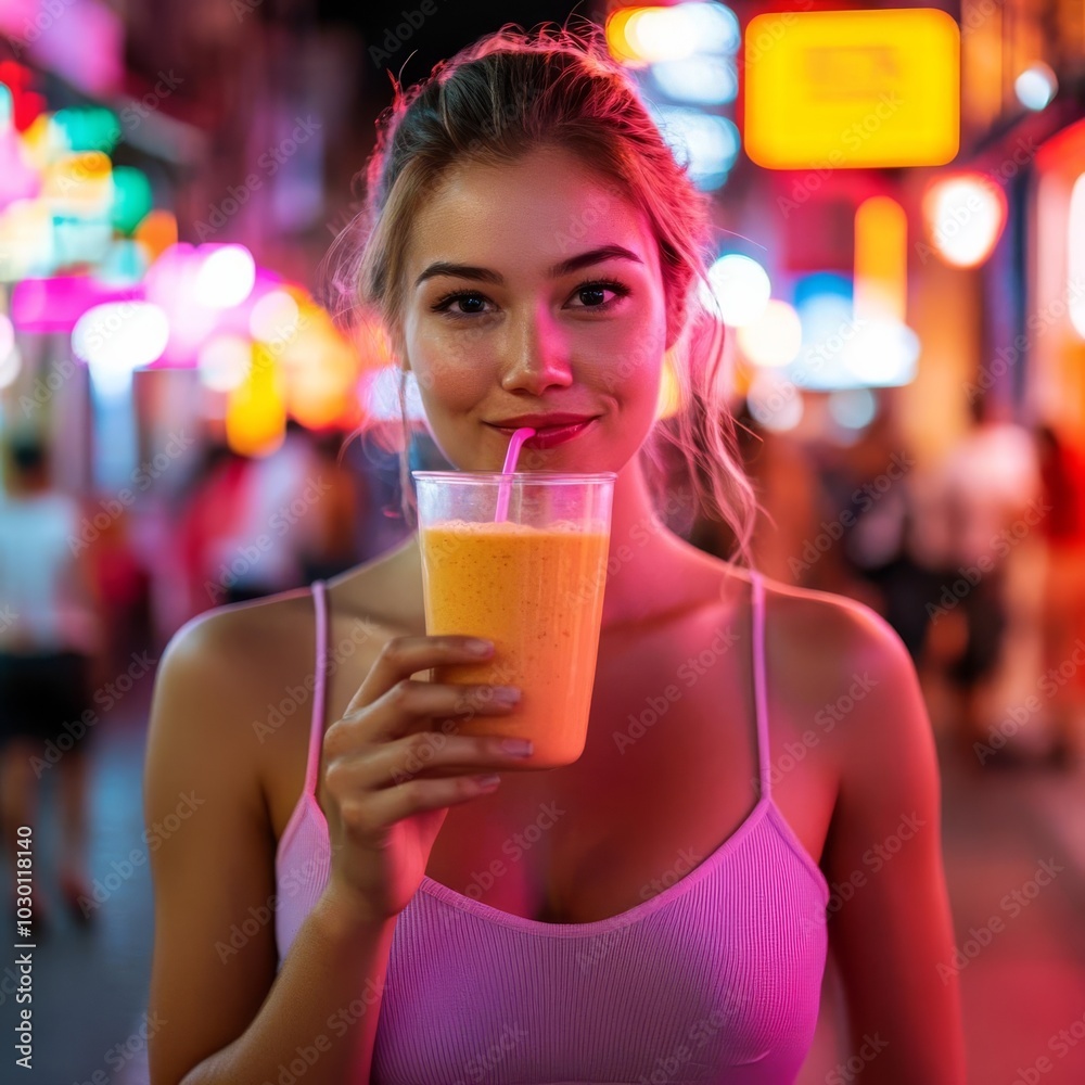 Woman sipping tropical smoothie, neon lights, bustling street