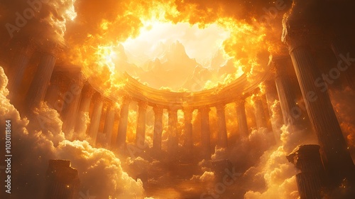 The Olympian gods in a circular formation, surrounded by marble columns and swirling clouds, deciding the fate of mortals below, with Mount Olympus glowing in golden light photo