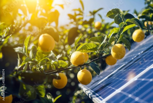 Solar Citrus Grove. Lemon tree branches with ripe fruits in foreground, solar panels in background, illustrating integration of agriculture and renewable energy.