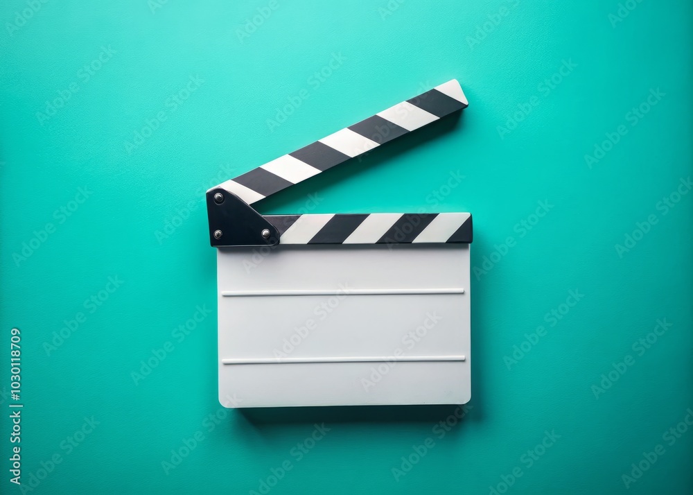 Obraz premium Top View of Professional White Acrylic Clapperboard on Turquoise Background - Cinematography Production Concept, Empty Movie Clapboard for Film Industry, Creative Photography