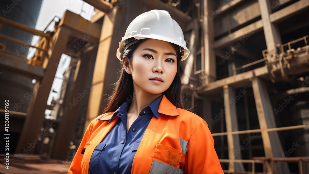 Female engineer wearing hard hat standing in front of metal structures Female engineer wearing hard hat standing in front of metal structures