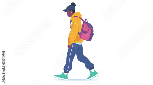A man walking with a backpack, a flat design illustration on a white background, simple and minimalistic in style. The character is wearing colorful , in a vector art style