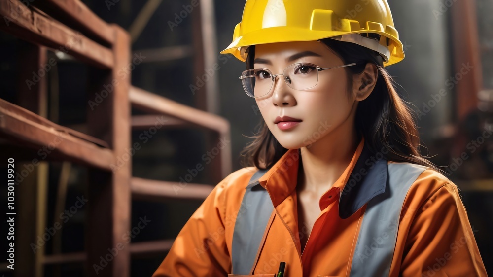 Female engineer wearing hardhat working in a factory Female engineer wearing hardhat working in a factory