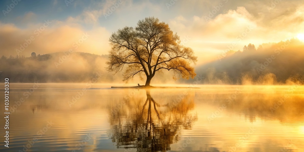 A lone tree stands serenely on a misty island, its reflection mirrored in the still water, as the sun bathes the landscape in a warm golden light. A lone tree stands serenely on a misty island, its reflection mirrored in the still water, as the sun bathes the landscape in a warm golden light.