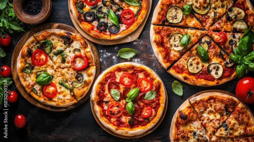 Delicious Gourmet Pizzas on a Rustic Table Delicious Gourmet Pizzas on a Rustic Table