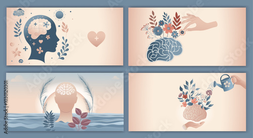 Mental health banner template. Campaign World mental health day. Cover booklet flyer. Emotional burnout. OurMindsMatter. Poster for psychiatry or psychology medical studies clinics