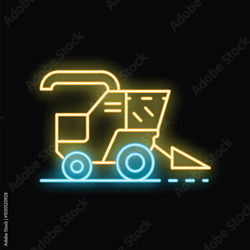 Glowing neon line combine harvester icon isolated on black background. Agricultural machinery concept. Vector illustration