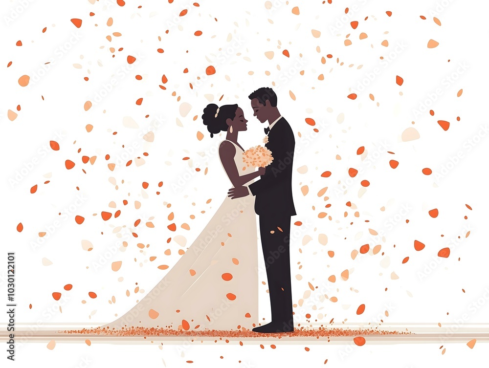 Couple in love, surrounded by flower petals.