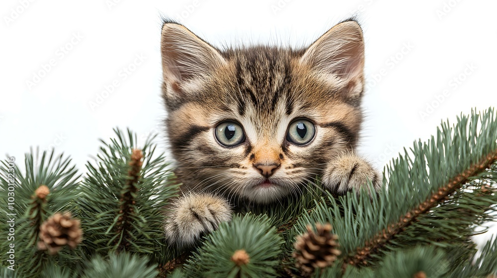 Curious kitten peeking through pine branches