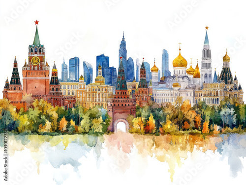 Iconic Russian skyline with St. Basil's Cathedral and modern towers photo