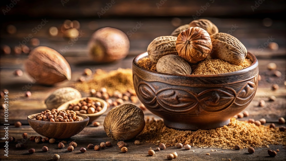 Aromatic Nutmeg Whole and Ground Spice in a Rustic Bowl with Scattered Seeds on a Wooden Table Aromatic Nutmeg Whole and Ground Spice in a Rustic Bowl with Scattered Seeds on a Wooden Table