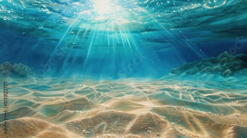 Sunlight rays penetrating clear blue water, illuminating rippled sandy ocean floor. Tranquil underwater scene, concept of serene marine beauty.