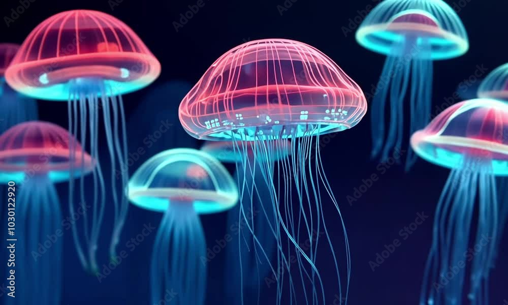 Captivating bioluminescent jellyfish floating in an ethereal dreamlike ...
