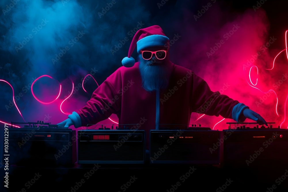 Fototapeta premium DJ Santa in colorful lights, vibrant background