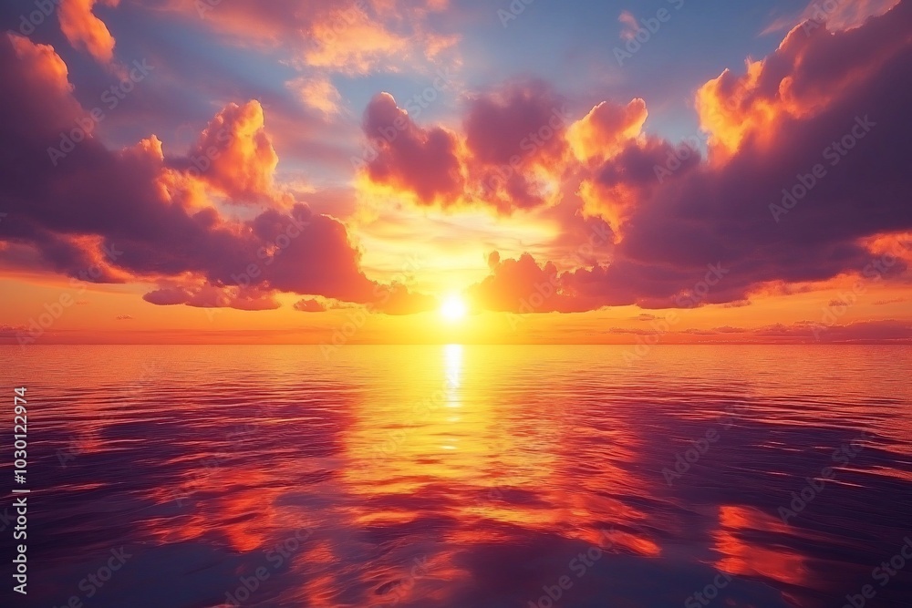 A fiery sunset casts an orange glow over the ocean, painting the sky with vibrant hues and reflecting on the rippling water.