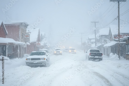 Snow-covered street during intense winter blizzard