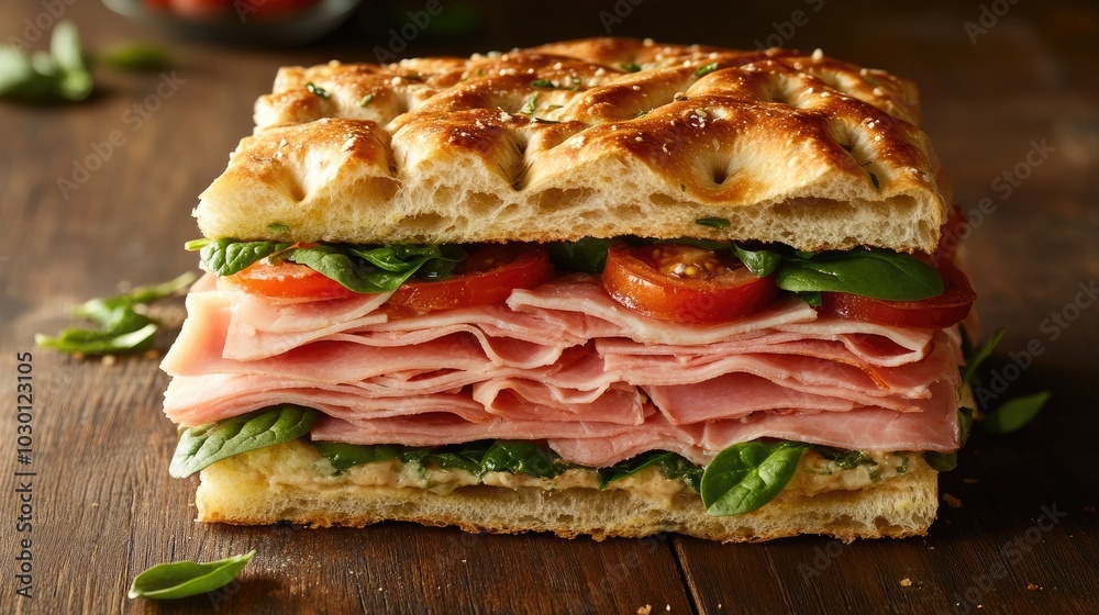 Delicious Focaccia Sandwich with Fresh Ingredients Delicious Focaccia Sandwich with Fresh Ingredients