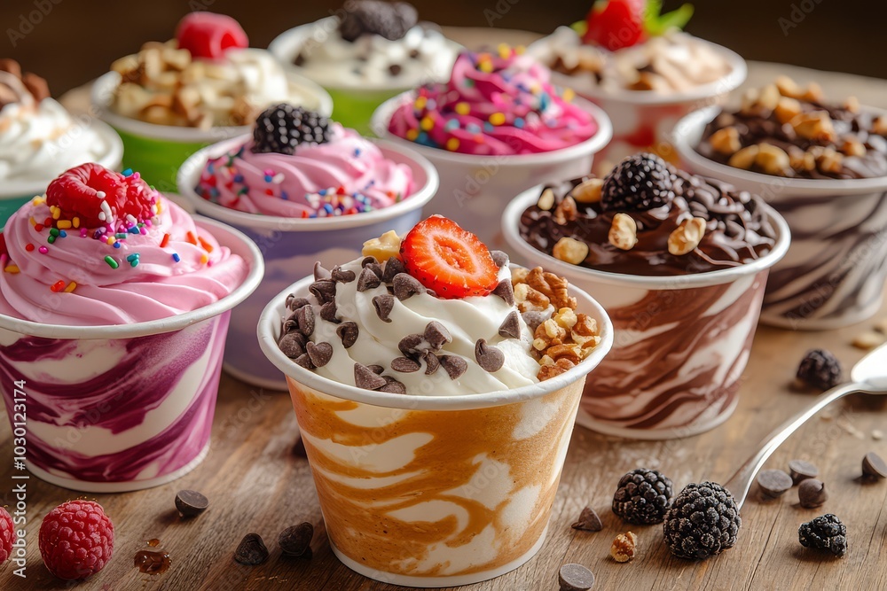 Variety of colorful frozen yogurt cups with toppings Variety of colorful frozen yogurt cups with toppings