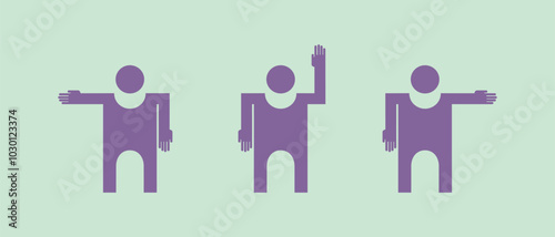 Minimalistic vector illustration of three purple human-like figures making different hand gestures, including raised arm and outstretched hand, against a light green background.