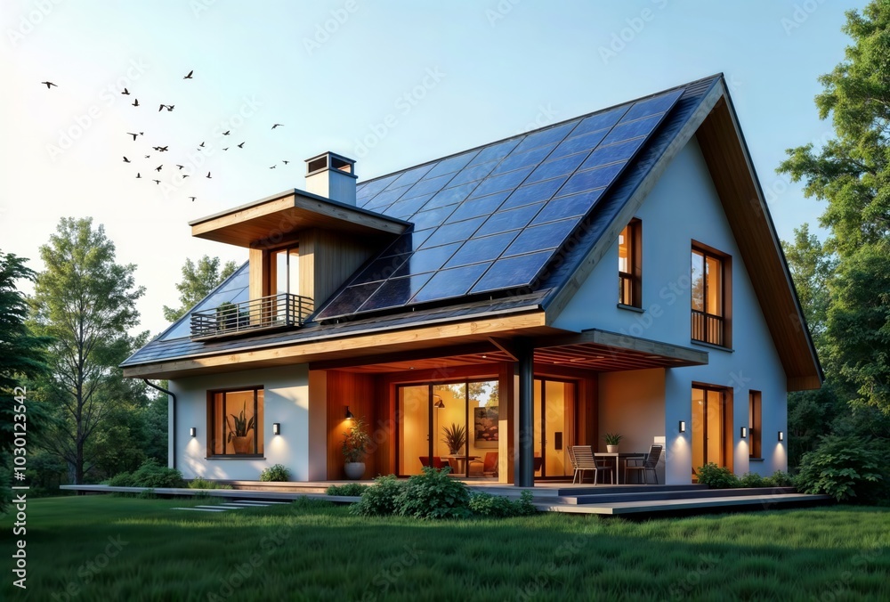 Modern Solar Home. Contemporary white house with extensive solar panel roof installation, warm interior lighting, and stylish outdoor living space at dusk with birds flying overhead. Modern Solar Home. Contemporary white house with extensive solar panel roof installation, warm interior lighting, and stylish outdoor living space at dusk with birds flying overhead.