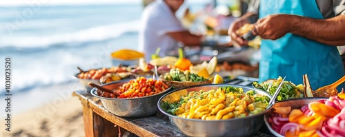 Street food vendor with fresh ceviche, tropical vibes, sunny beach backdrop, Latin American cuisine, seafood street food