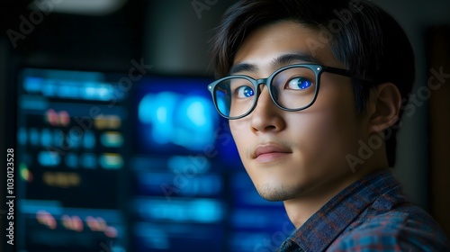 Focused young man with glasses in office.