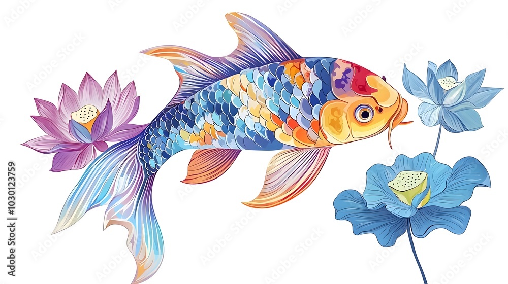 Naklejka premium Colorful Koi Fish and Lotus Flowers