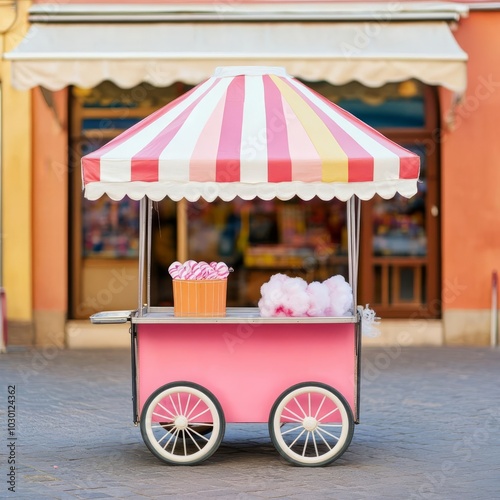 Street vendor with cotton candy cart, fairground setting, colorful atmosphere, fun street food, nostalgic treat