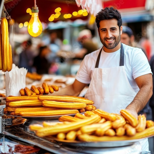 Street vendor with fresh churros, sweet aroma, festive vibe, local market, street dessert, Spanish treat photo