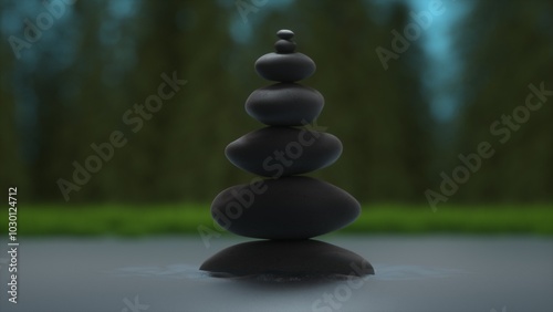 Sticker a pyramid of rocks balancing in the water in the forest.
