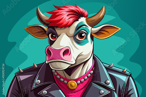 cow vector in punk rock leather jacket wear, animal portrait, isolated background