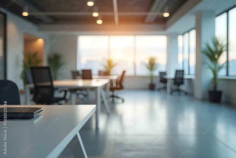Blurred empty open space office. Abstract light bokeh at office interior background for design.