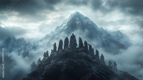 A circle of powerful Norse gods, standing on a rocky mountain peak, surrounded by storm clouds, deep in discussion about the fate of humanity