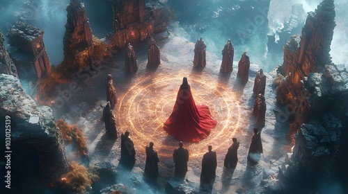 A circle of knights bow before their queen, pledging loyalty in a mystical realm with floating islands and ancient ruins, ethereal magic swirling in the air