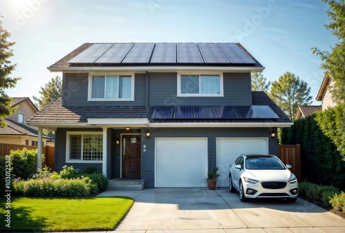 Solar powered home. Modern house with solar panels on roof and electric car in driveway, showcasing sustainable living.