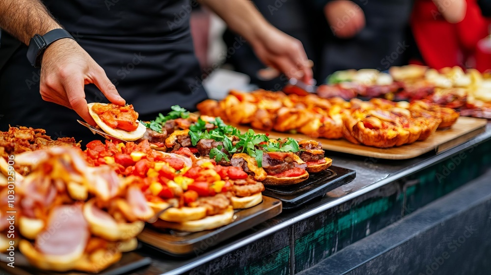 Street vendor with tapas stand, festive Spanish market, vibrant flavors, local crowd, Spanish street culture, small bites Street vendor with tapas stand, festive Spanish market, vibrant flavors, local crowd, Spanish street culture, small bites