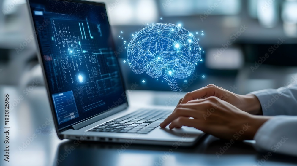 Hands typing on laptop with digital brain graphic Hands typing on laptop with digital brain graphic