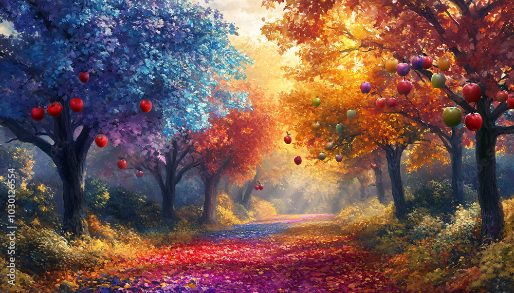 A peaceful orchard filled with rows of trees whose leaves are glowing in rainbow colors. Red, blue, green, and golden apples dangle from the branches A peaceful orchard filled with rows of trees whose leaves are glowing in rainbow colors. Red, blue, green, and golden apples dangle from the branches