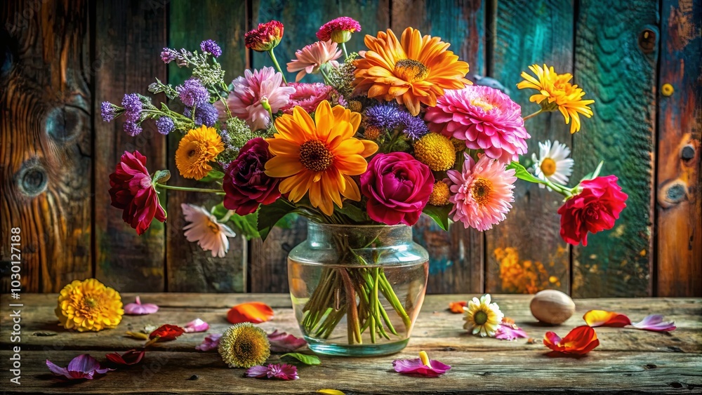 A Vibrant Bouquet of Summer Blooms in a Glass Vase on a Rustic Wooden Table A Vibrant Bouquet of Summer Blooms in a Glass Vase on a Rustic Wooden Table